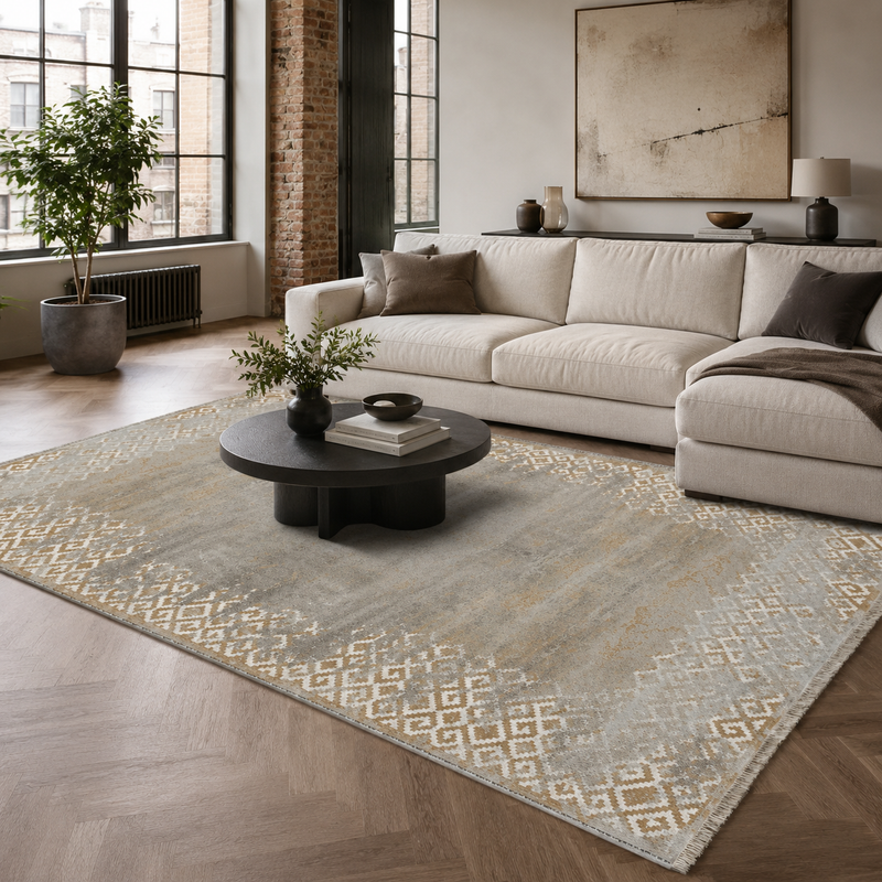 Fretwork Ochre – washable rug