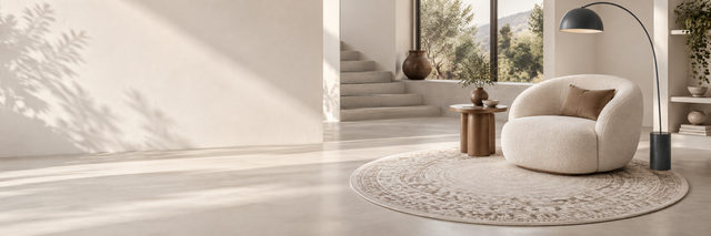 A round rug beneath an armchair pair